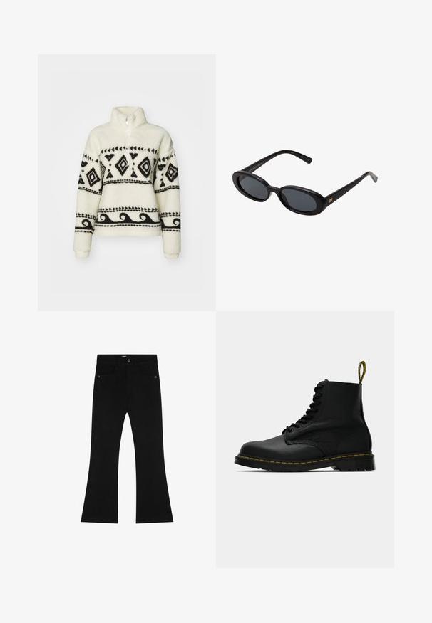 Fleecová mikina v krémové barvě s černými kmenovými vzory. Obsahuje límec s polovičním zipem a dlouhé rukávy. Měkká textura a uvolněný střih.; Scalpers Džíny Bootcut - black; Černá kožená kotníková bota na šněrování se žlutým švem na podrážce a s brandovaným poutkem na patě, zobrazená z boku na jednobarevném pozadí.; Černé oversized sluneční brýle s oválnými čočkami, hladkým plastovým rámem a zlatými akcenty na spáncích. Tmavé čočky poskytují ochranu před sluncem.