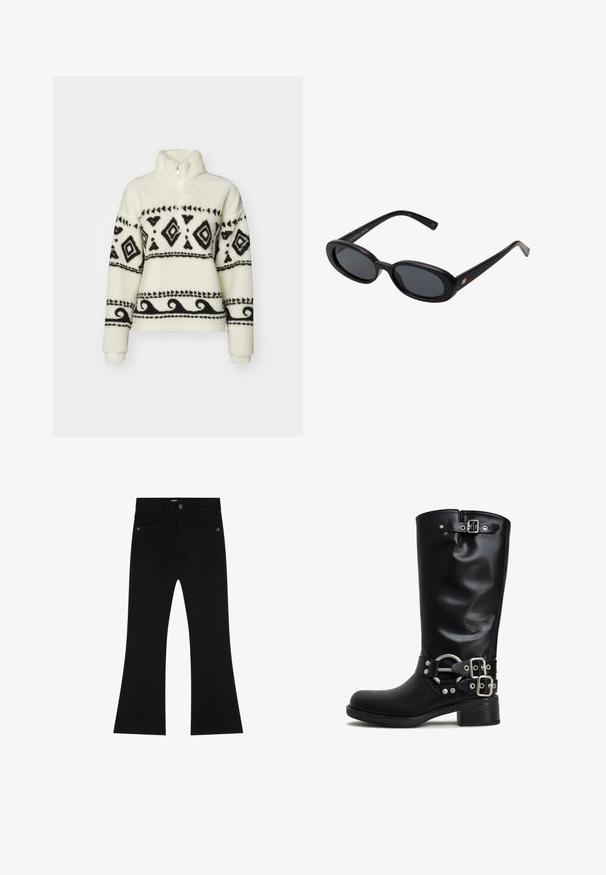 Pull-over en polaire crème avec des motifs tribaux noirs. Doté d'un col zippé mi-hauteur et de manches longues. Texture douce et coupe décontractée.; Scalpers Jean bootcut - black; Bottes noires montantes en matériau synthétique lisse. Elles comportent des boucles en métal argenté et un anneau d'accent. Talon carré épais.; Lunettes de soleil noires surdimensionnées avec des verres ovoïdes, monture en plastique lisse et accents dorés sur les tempes. Les verres sombres offrent une protection contre le soleil.; Sac à main en cuir noir avec une seule bandoulière réglable, de forme rectangulaire, poche zippée à l'avant et finition texturée subtile.