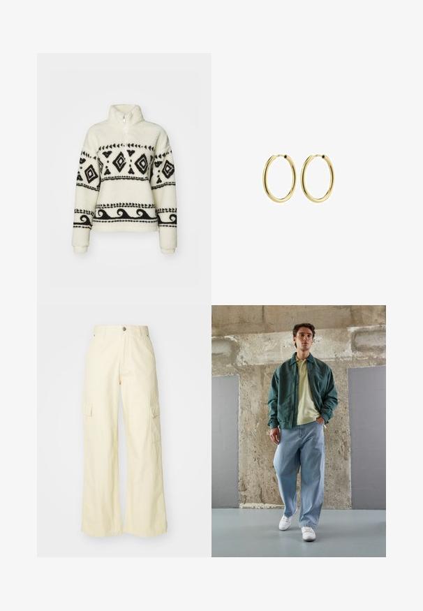 Kremines vilnas džemperis ar melniem tribāla rakstiem. Tam ir pusiešanas apkakle un garas piedurknes. Mīksta tekstūra un brīvs piegriezums.; Platas kāju kravas bikses gaiši dzeltenā kokvilnā. Iespējas divas sānu kabatas un pogu aizdare. Gluda faktūra ar brīvu piegriezumu.; Zaļš bumbers ar gaismas dzeltenu polo, kopā ar brīvām zilo džinsu biksēm un baltām sporta apaviem. Gludi audumi, brīvs piegriezums, minimāls aprīkojums.; Zelta metāla gredzena auskari ar gludu apdari, apaļu formu un drošu aizdari. Nopulēta virsma bez redzamām rakstām vai akcentiem.