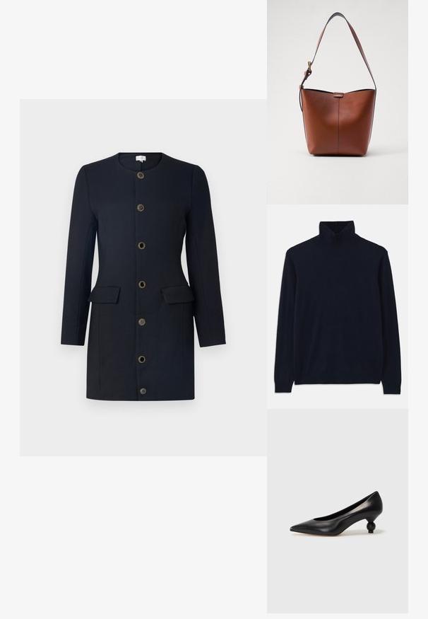 Marineblå turtleneck trøje med lange ærmer, lavet af blødt strikstof. Har ribbet krave og manchetter, med et enkelt design uden mønstre.; Sort frakke med lange ærmer, rund halsudskæring og lukning med seks guldknapper, der har to forlommer og en glat tekstur.; Sort læder høje hæle med spids tå og rund, kugleformet hæl. Glat tekstur med et stilrent, minimalistisk design.; Brun læder skuldertaske med en buet form, glat tekstur og en enkelt tynd rem. Har en diskret søm og et lille logodesign.