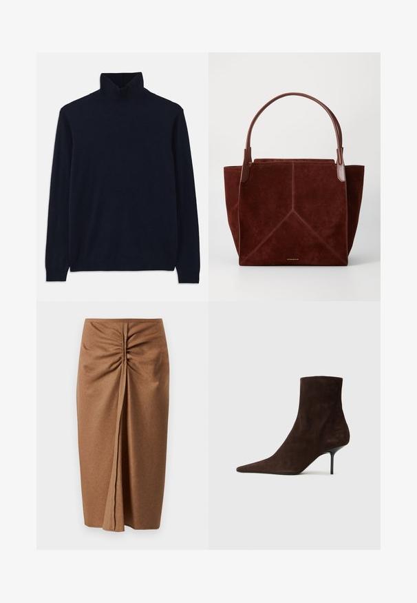 Navy ražas džemperis ar garām piedurknēm, izgatavots no mīkstas adīšanas auduma. Ar ribotām apkaklēm un aprocēm, ar vienkāršu dizainu un bez rakstiem.; Brūna midi svārki ar mīkstu tekstūru, ar sānu krokojumiem un priekšējo šķēlumu. Vienkāršs dizains ar gludu apdari un bez rotājumiem.; Brūni zamšaini potīšu zābaki ar smailu purngalu un plānu, augstu papēdi. Ir eleganta forma un gluda tekstūra visā virsmā.; Burgundijas zamša somiņa ar brūnām ādas rokturiem, ar ģeometrisku šuvju dizainu un zelta logotipu apakšā. Plaša un strukturēta forma.