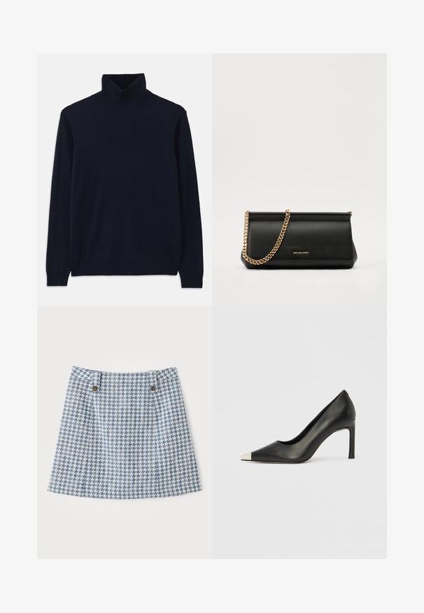 Námornícky rolák s dlhými rukávmi, vyrobený z mäkkej pleteniny. Má rebrovaný golier a manžety, jednoducho navrhnutý bez vzorov.; Sukňa s modro-bielym vzorom houndstooth, so zavádzajúcim tvarom, s dvoma prednými gombíkmi a textúrovaným tkaným materiálom.; Čierna kožená lodička s vysokým opätkom, špičkou a kovovou striebornou špičkou. Má hladký povrch a štíhly 10 cm opätok.; Čierna kožená kabelka s retiazkou zo zlata, so hladkou textúrou, obdĺžnikovým tvarom a embosovaným logom na prednej strane.