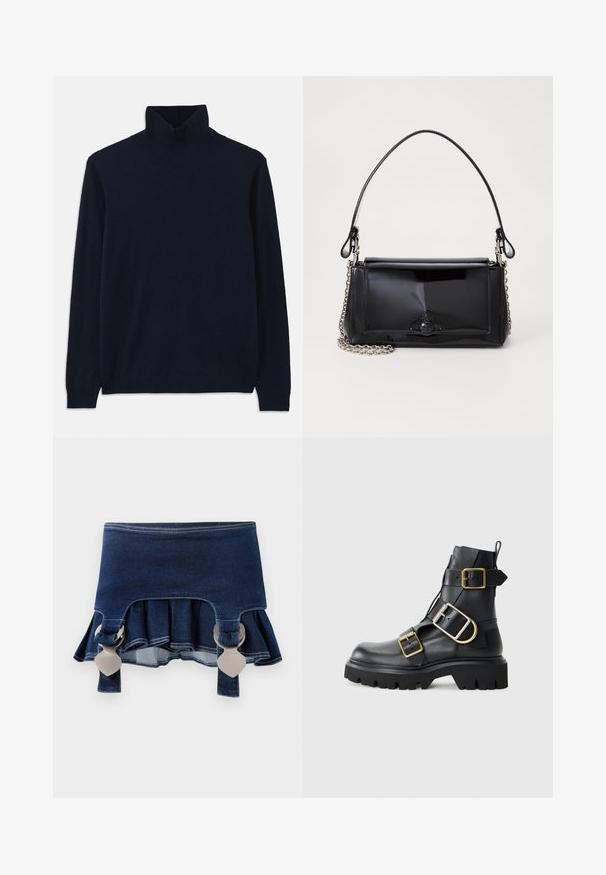 Merin turtleneck-neulepaita pitkillä hihoilla, valmistettu pehmeästä neuloksesta. Sisältää ribbineulan kauluksessa ja hihoissa, yksinkertainen malli ilman kuoseja.; Denim-hame, jolla on levenevä alaosa. Varustettu kahdella säädettävällä harmaalla kiinnittimellä, tummansininen väri ja kontrastiväriset ompeludetailit helman ympärillä.; Musta nahkasaapas nilkkapituudella, jossa on tukeva pohja, useita hihnoja ja kultaisia varusteita. Liukas pinta, kestävä muotoilu.; Musta lakattu nahkalaukku suorakaiteen muotoisena, ketjuhihnalla ja erottuvalla varustusesineellä keskellä. Siveltimellinen pinta.