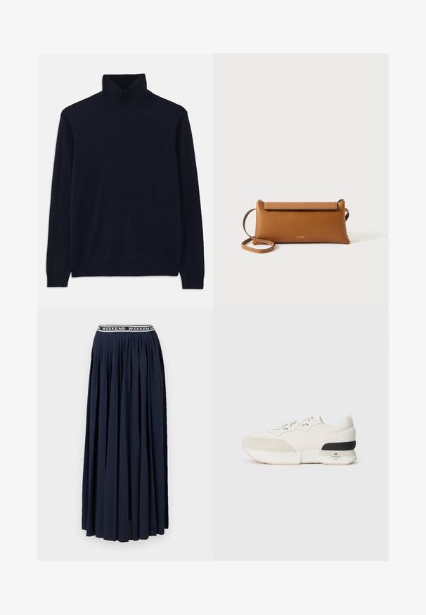 Mornarska turtleneck pulover dugih rukava, izrađen od mekog pletenog materijala. Ima rebrasti ovratnik i manžete, s jednostavnim dizajnom bez uzoraka.; WEEKEND MaxMara BLEU - Velika suknja - navy; Bijela tenisica s teksturiranim nubuk prednjim dijelom, glatkim mrežastim gornjim dijelom, dekorativnim vezicama i crnim gumiranim akcentom na peti.; Smeđa kožna torbica, pravokutnog oblika, teksturirane površine, s odvojivim remenom, zatvaranjem na patentni zatvarač, diskretni logotip utisnut sprijeda.