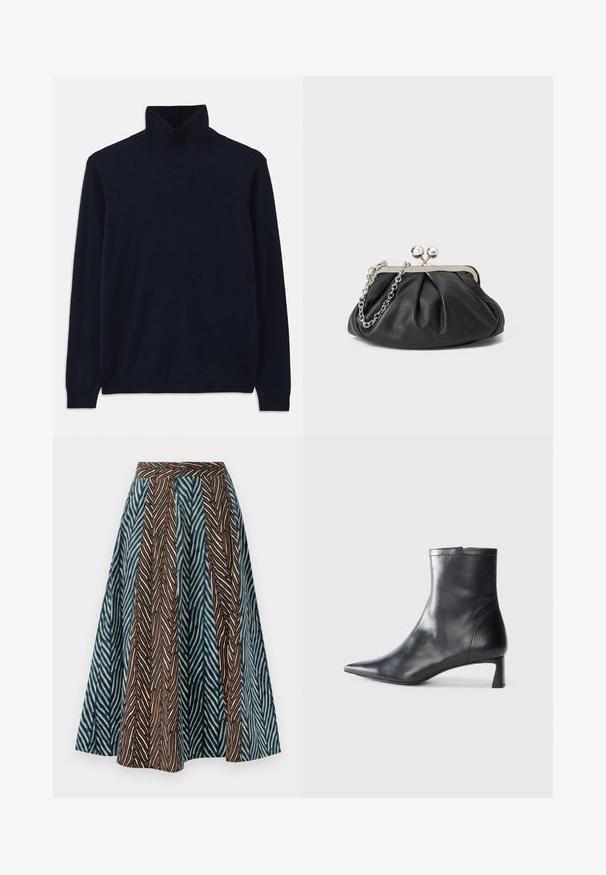 Merin turtleneck-neulepaita pitkillä hihoilla, valmistettu pehmeästä neuloksesta. Sisältää ribbineulan kauluksessa ja hihoissa, yksinkertainen malli ilman kuoseja.; Ruskea ja sininen midi-hame, jossa on sahalaitakuviota, laskostettu malli ja istuva vyötärö. Valmistettu kevyestä kankaasta.; Musta nahkainen nilkkabotti, jossa on teräväkärkinen muotoilu ja tyylikäs design. Varusteena matala korko ja takana vetoketjukiinnitys. Sileä pinta.; Mustan nahkainen clutch, jossa on rypistetty rakenne, hopeanvärinen metallikehys, suukko-lukko ja ketjuhihna. Sileä, pehmeä pinta.