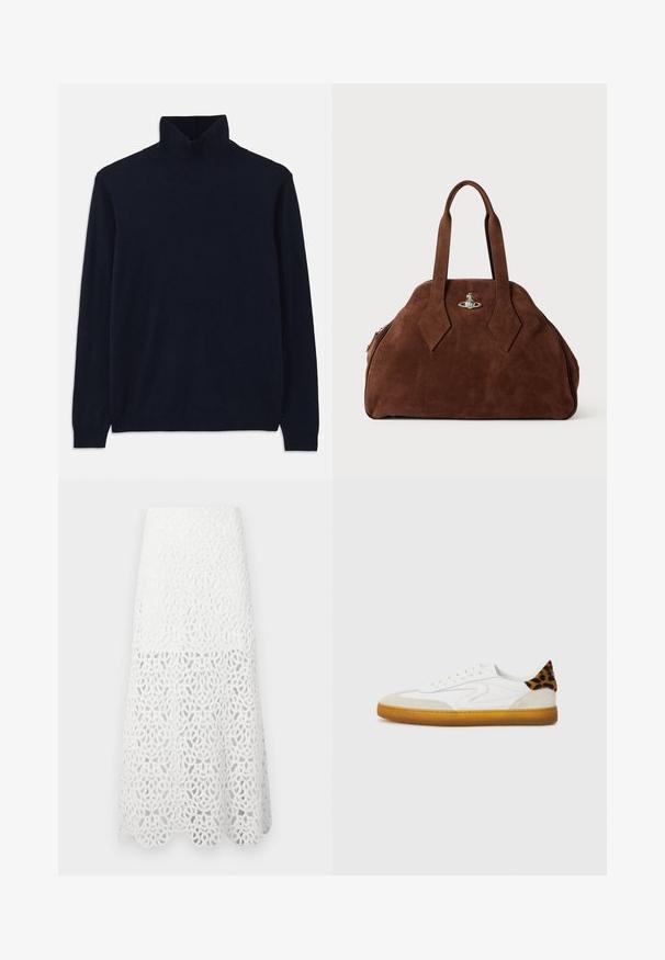 Chandail col roulé navy à manches longues, fabriqué en tissu tricot doux. Présente un col et des poignets côtelés, avec un design simple et sans motifs.; Maje JOZIMALO - Jupe longue - ecru; Baskets blanches avec une tige en cuir suédé texturé et cuir, ornées d'un accent en imprimé léopard sur le talon et d'une semelle en caoutchouc gomme.; Sac à main en daim marron avec une forme structurée, un corps arrondi et des poignées allongées en forme de diamant. Il dispose d'une fermeture en métal argenté.