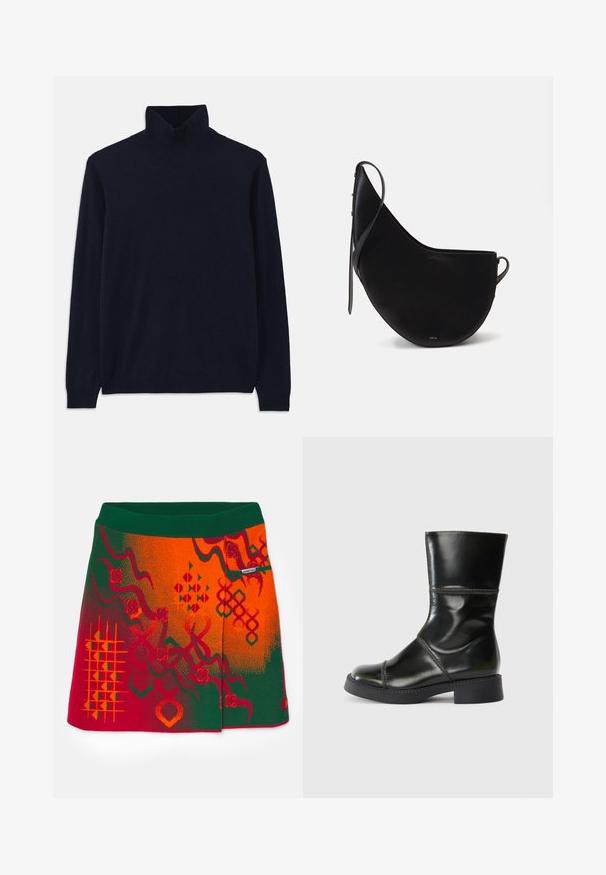 Jūros jėgos tvido megztinis su ilgomis rankovėmis, pagamintas iš minkštos megztos medžiagos. Yra raukinis apykaklėje ir rankovėse, paprastas dizainas, be raštų.; Nertinė sijonas su žalia juosta ir ryškiomis raudonos bei oranžinės spalvų motyvais, su geometriniais raštais ir tekstūriniais akcentais.; Juodas odinis kulkšninis botas su apvaliu smaigaliu, lygia danga, kontrastingomis siūlėmis ir storu kulnu, turintis šiek tiek siaurėjantį siluetą.; Juodas odinis rankinės maišelis, turintis išlenktą mėnulio formą, su plonu dirželiu ir subtiliu auksiniu logotipu priekyje. Lygus paviršius su minimalia aparatūra.