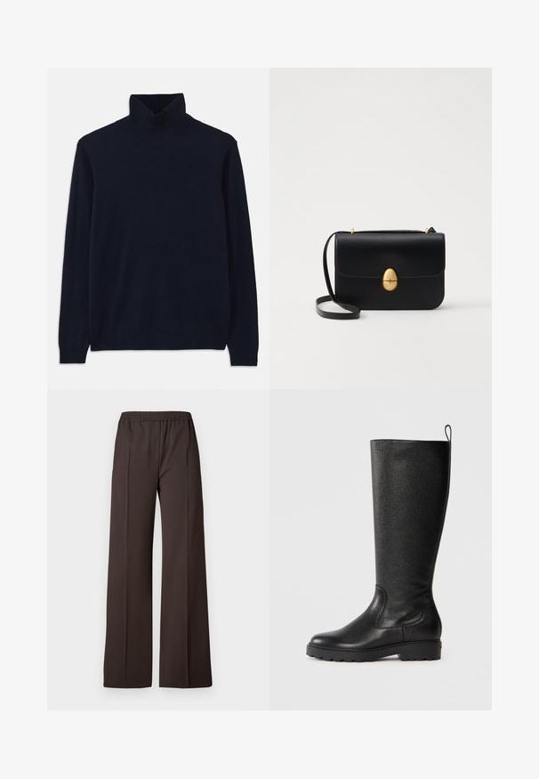 Navy turtleneck sweater with long sleeves, made from soft knit fabric. Features ribbed collar and cuffs, with a simple design and no patterns.; Wide-leg trousers in dark brown fabric with an elastic waistband, featuring a smooth texture and clean lines for a tailored look.; Black knee-high boots made of textured leather, featuring a rounded toe, sturdy rubber sole with traction, and a pull tab at the top.; Black leather handbag with a structured rectangular shape. Features a golden oval clasp and a thin shoulder strap. Smooth texture.