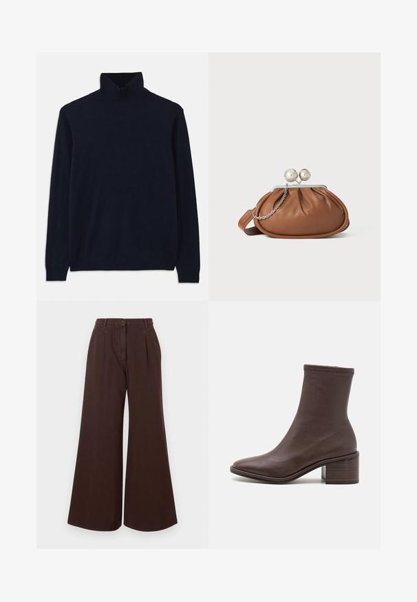 Navy turtleneck sweater with long sleeves, made from soft knit fabric. Features ribbed collar and cuffs, with a simple design and no patterns.; High-waist wide-leg brown pants with button and zipper closure, belt loops, and front pleats.; Loeffler Randall ROXY STRETCH - Classic ankle boots - espresso; Brown leather clutch purse with silver ball clasp and a small silver chain detail on a white background.