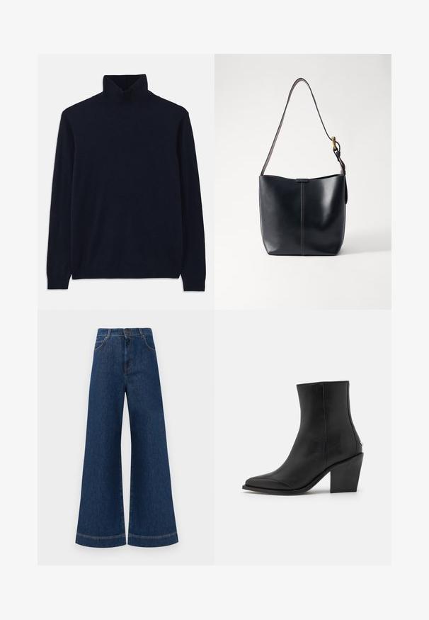 Merin turtleneck-neulepaita pitkillä hihoilla, valmistettu pehmeästä neuloksesta. Sisältää ribbineulan kauluksessa ja hihoissa, yksinkertainen malli ilman kuoseja.; Siniset farkut leveällä lahkeella ja korkealla vyötäröllä, jossa on nappikiinnitys, vyölenkit sekä huomaamattomat tikkaus yksityiskohdat taskuissa ja lahkeissa.; Mustat nahka nilkkasaappaat, joissa on teräväkärkinen muotoilu, lohkokorko ja hienovaraiset sivudetaljit. Liukas pinta ja minimalistinen muotoilu.; Musta nahkainen olkalaukku, jossa on sileä pinta, ohut ja pitkä hihna sekä hienovarainen ommeltu yksityiskohta keskellä.