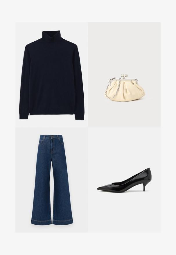 Pullover turtleneck blu navy con maniche lunghe, realizzato in morbido tessuto a maglia. Caratterizzato da colletto e polsini a costine, con un design semplice e senza motivi.; Jeans in denim blu a gamba larga con vita alta, dotati di chiusura a bottone, passanti per cintura e dettagli di cucitura sottili lungo le tasche e i orli.; Scarpa con tacco alto in vernice nera, con punta affilata e tacco a stiletto basso. Texture liscia e design minimalista, senza motivi o accenti visibili.; Clutch in pelle beige plissettata con una struttura in metallo argento, dotata di due chiusure decorative rotonde e una tracolla in catena argentata.