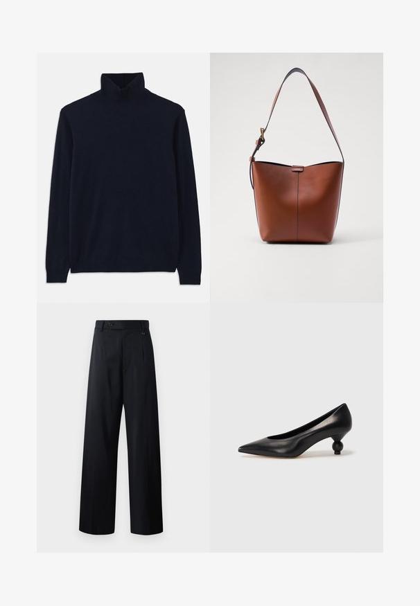 Marinblå polotröja med långa ärmar, tillverkad av mjukt stickat tyg. Har en ribbad krage och mudd, med en enkel design utan mönster.; Breda byxor i mörk marinblå, med knappstängning, framfåll och slät tygkvalitet med en ren och skräddarsydd design.; Svart läderhögklackad sko med spetsig tå och rund, bollformad klack. Slät yta med en elegant, minimalistisk design.; Brun läderaxelväska med en böjd form, slät yta och ett enda tunt band. Har en subtil söm och en liten logotypdetalj.