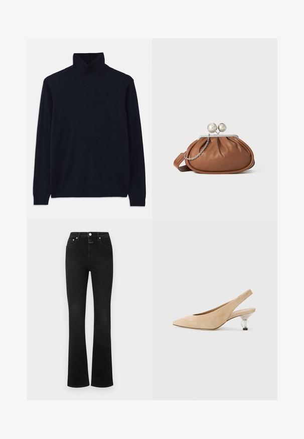 Jūros jėgos tvido megztinis su ilgomis rankovėmis, pagamintas iš minkštos megztos medžiagos. Yra raukinis apykaklėje ir rankovėse, paprastas dizainas, be raštų.; Juodos plačios džinsinės kelnės su aukšta juosmeniu, penkiais kišenėmis, auksinės spalvos detalėmis ir švelniu paviršiumi.; Šviesiai rudos suknelės suknelės su smailiu pirštu ir skaidriu, apvaliu kulnu. Lygus tekstūros ir minimalistinis dizainas.; Ruda odinė rankinė su sidabriniu rutuliniu užsegimu ir maža sidabrine grandinėle ant balto fono.