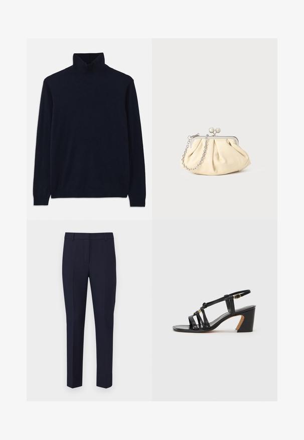 Tumesinine kõrge kaelusega sviiter, millel on pikad varrukad ja mis on valmistatud pehmest kudumist. Omab soonikserva kaelas ja varrukates, lihtsa disaini ja ilma mustriteta.; WEEKEND MaxMara FREDA - Püksid - blu; Paul Smith AMIRA - Klassikalised kontsakingad - black; Kortsus beežist nahast kotike, millel on hõbedane metallraam, kaunistatud kahe ümmarguse dekoratiivse lukuga ja hõbedase ketispideme.