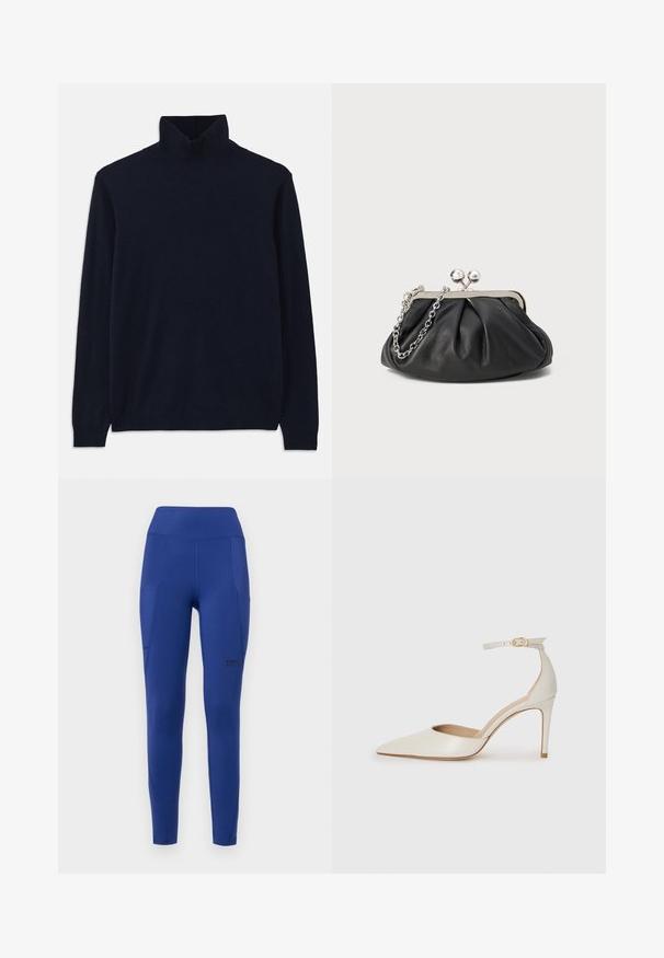 Navy turtleneck sweater with long sleeves, made from soft knit fabric. Features ribbed collar and cuffs, with a simple design and no patterns.; Navy blue active leggings with a high waistband, side pockets, and subtle branding. Made from stretchy, smooth fabric with a fitted shape.; White leather high-heeled shoe with a pointed toe, ankle strap, and a slim stiletto heel. Smooth texture with subtle glossy finish.; Black leather clutch with gathered texture, silver-tone metal frame, kiss-lock closure, and chain strap. Smooth, soft surface.