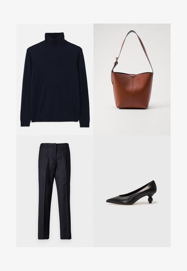 Marinblå polotröja med långa ärmar, tillverkad av mjukt stickat tyg. Har en ribbad krage och mudd, med en enkel design utan mönster.; Marinblå skräddarsydda byxor med en mjuk textur, som har flat front, dubbla veck och bälteshällor. Raka ben med avsytt avslut.; Svart läderhögklackad sko med spetsig tå och rund, bollformad klack. Slät yta med en elegant, minimalistisk design.; Brun läderaxelväska med en böjd form, slät yta och ett enda tunt band. Har en subtil söm och en liten logotypdetalj.