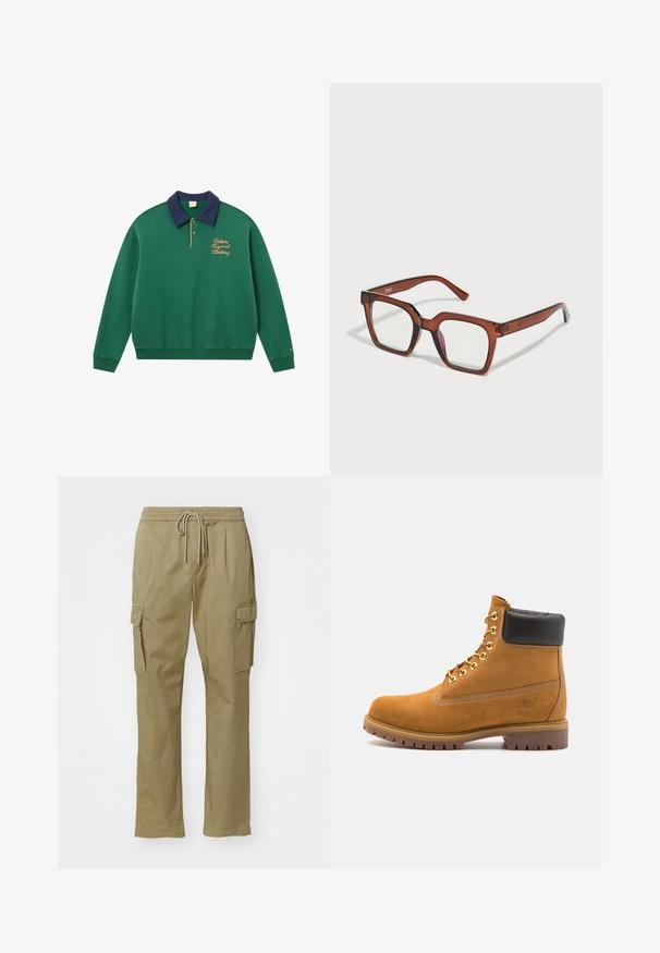 Grøn sweatshirt med marineblå krave, guld broderi og ribbede manchetter. Har en pullover-design og blødt, struktureret stof. Klassisk sporty stil.; Hvid bomulds t-shirt med korte ærmer, rund halsudskæring, afslappet pasform, og ingen synlige logoer eller mønstre. Glat tekstur og minimalistisk design.; Khaki cargo bukser lavet af blødt stof, med elastisk talje og snor, to sidelommer og lige ben-design.; Tan nubuck ankelstøvle med sort polstret krave, gyldne metaløjer, hvid syning detaljer og robust gummisål med udtalte slidbaner.; Brune, overdimensionerede, rektangulære briller med klare linser og en let lyserød nuance på den højre linse. Plastikramme med glat tekstur.