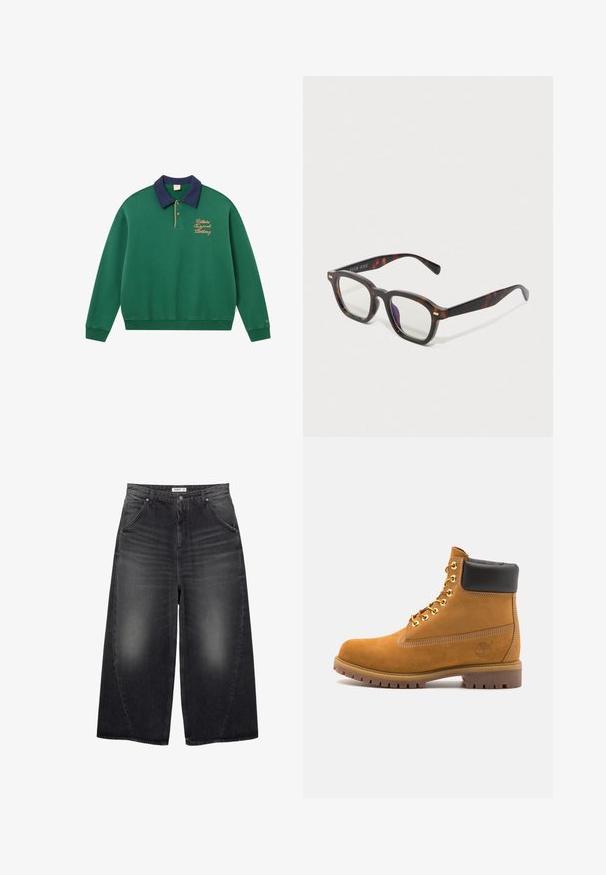 Grön sweatshirts med marinblå krage, guldbroderi och ribbade ärmslut. Har en pulloverdesign och mjukt, texturerat tyg. Klassisk sportig stil.; Vit bomull t-shirt med korta ärmar, rundad halsringning, avslappnad passform och utan synliga logotyper eller mönster. Slät textur och minimal design.; PULL&BEAR MEGA BAGGY - Baggy jeans - black; Tan mockasins ankelstövlar med svart vadderad krage, guldmetallöglor, vit sömdekor och slitstöt gummisula med utmärkta mönster.; Sköldpaddsrandiga rektangulära glasögon med klara linser och subtila guldaccenter på bågarna, visade mot en vit bakgrund.