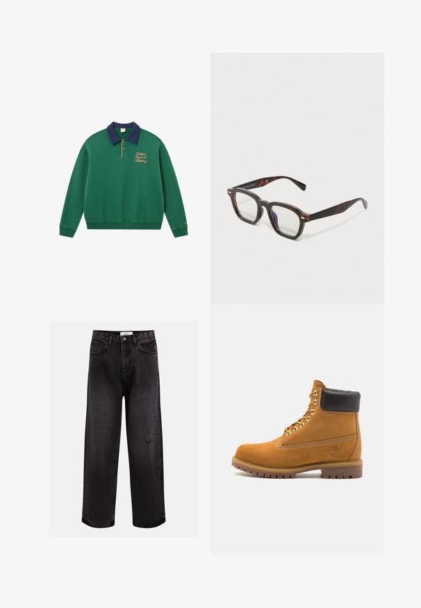 Grön sweatshirts med marinblå krage, guldbroderi och ribbade ärmslut. Har en pulloverdesign och mjukt, texturerat tyg. Klassisk sportig stil.; Vit bomull t-shirt med korta ärmar, rundad halsringning, avslappnad passform och utan synliga logotyper eller mönster. Slät textur och minimal design.; Svarta denimjeans med vida ben, med fem fickor, en sydd midja och en subtil logotypdetalj nära knäet.; Tan mockasins ankelstövlar med svart vadderad krage, guldmetallöglor, vit sömdekor och slitstöt gummisula med utmärkta mönster.; Sköldpaddsrandiga rektangulära glasögon med klara linser och subtila guldaccenter på bågarna, visade mot en vit bakgrund.