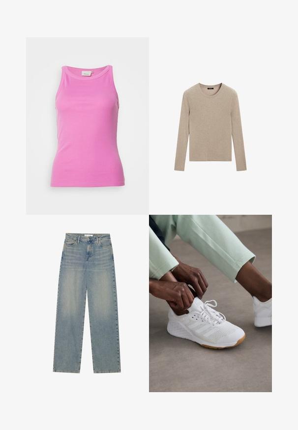 Massimo Dutti - Sweter; Gestuz DREW różowy; Jasnoniebieskie dżinsy z wysokim stanem, prostymi nogawkami, przednimi kieszeniami, szlufkami na pasek oraz widocznym zapięciem na guzik i zamek błyskawiczny.; Białe buty sportowe z siateczkową cholewką, gumową podeszwą i wzorem w trzy paski. Sznurowadła są regulowane; widoczne jasnoszare i miętowe ubrania.