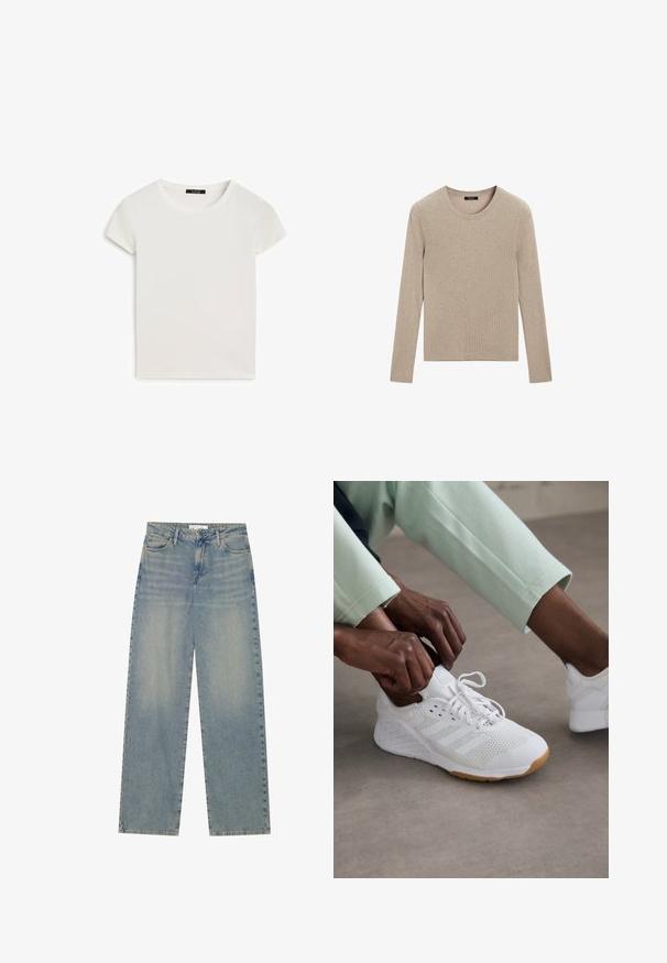 Massimo Dutti - Sweter; Biała koszulka z krótkim rękawem o okrągłym dekolcie, wykonana z miękkiej bawełny, charakteryzująca się gładką teksturą i prostym wzornictwem.; Jasnoniebieskie dżinsy z wysokim stanem, prostymi nogawkami, przednimi kieszeniami, szlufkami na pasek oraz widocznym zapięciem na guzik i zamek błyskawiczny.; Białe buty sportowe z siateczkową cholewką, gumową podeszwą i wzorem w trzy paski. Sznurowadła są regulowane; widoczne jasnoszare i miętowe ubrania.