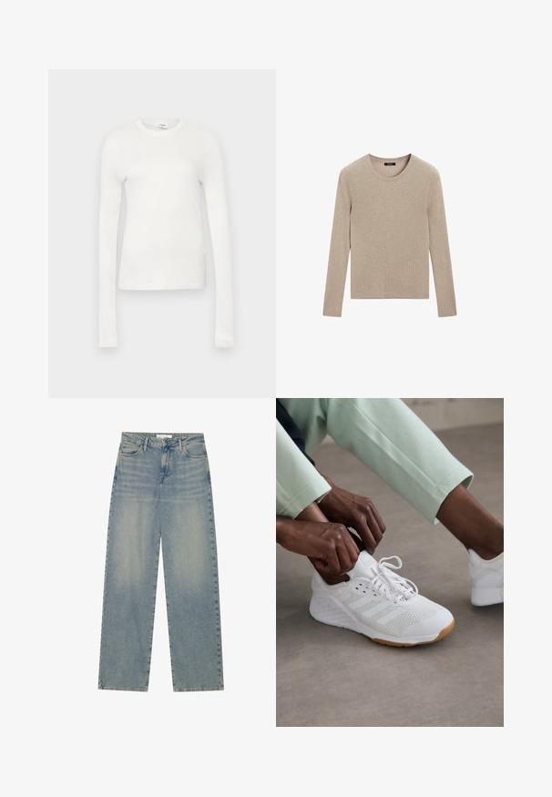 Massimo Dutti RIBBED CREW NECK - Maglione - LIGHT BROWN; T-shirt bianco a maniche lunghe realizzato in cotone morbido. Presenta un collo rotondo, una silhouette aderente e una texture liscia. Nessun motivo o dettaglio.; Jeans in denim blu chiaro a vita alta e gamba dritta, con tasche frontali, passanti per cintura e chiusura con bottone e cerniera visibili.; Scarpa sportiva bianca con tomaia in rete, suola in gomma e design a tre strisce. I lacci vengono regolati; visibili abbigliamento grigio chiaro e verde menta.