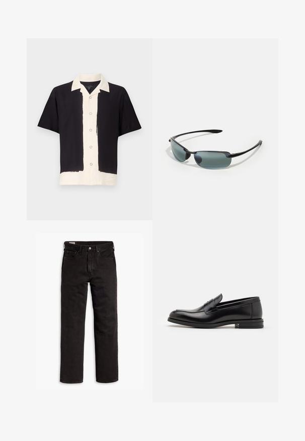 Brūns adījums džemperis ar izšūtu lapsu, kas valkā svītrainu džemperi, ziliem džinsiem un baltām kurpēm, priekšpusē.; Melnas un krēmkrāsas īsām piedurknēm krekls. Ar melnu kreiso pusi, krēmkrāsas labo pusi, pogu aizdari un kontrastējošu apkakli. Mīksts audums.; Melnas taisnās kājas džinsu bikses ar piecām kabatām, pogu aizdari un jostas cilpām, izliktas uz balta fona.; Melnas ādas kurpes ar gludu tekstūru, noapaļu purngalu un dekoratīvu siksniņu pāri priekšpusei. Zems sakrauts papēdis, minimālisma dizains.; Sporta saulesbrilles ar slaidu melnu rāmi, taisnstūrveida objektīvi ar pelēku gradientu un teksturētām tempļiem, kas nodrošina papildu komfortu.