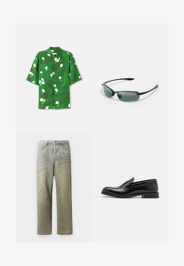 Barna kötött pulóver, amelyen egy csíkos pulcsit, kék farmert és fehér cipőt viselő róka van hímzéssel a fronton.; Rövidujjú, gombos ing zöld szövetből, fehér virágmintával, tábori gallérral és laza szabással. Texturált, könnyű anyag.; Fakó zöld, kopott farmerszadrág, egyenes lábbal, ötk zsebes kialakítással, egyenetlen kopással és festékcseppekkel.; Fekete bőr loaferek sima textúrával, kerek orral és dekoratív pánttal a vampnál. Alacsony, rétegelt sarkú, minimalista dizájn.; Sport napszemüveg karcsú fekete kerettel, téglalap alakú, gradiens szürke lencsékkel és texturált templomfogantyúkkal a fokozott kényelem érdekében.