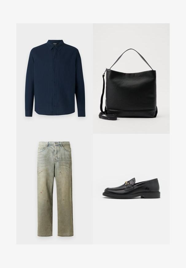 Pruunist kampsunist, mille ees on tikand, kus on kujutatud rebast, kes kannab triibulist kampsunit, siniseid teksaseid ja valgeid kingi.; Ron Dorff Pluus - deep ocean; Karmiinroheline kulunud denim teksapüksid, millel on sirge jalg, viie taskuga disain ning ebaühtlane pleekimine koos värvikrõpsudega.; Mustad nahast loafers ümarate varvastega, millel on kuldne riistvaraline aksessuaar ja tikandite detail, paigutatud madalale, tekstureeritud kummist tallale.; Mustmust mustraha, millel on tekstureeritud pind, kumer ülaosa ja eemaldatav rihm. Omab lihtsat disaini minimaalse riistvaraga.