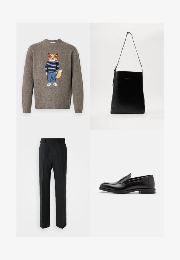 Hnedý pletený sveter s výšivkou líšky v pruhovanom svetri, modrých džinoch a bielych topánkach na prednej strane.; Čierne nohavice so strihom rovného nohavicu, vyrobené z hladkej látky. Majú plochý pás a žiadne viditeľné vzory ani ozdoby.; Čierne kožené mokasíny s hladkou textúrou, zaoblenou špičkou a dekoračným pásikom cez priehlavok. Nízky vrstvený opätok, minimalistický dizajn.; Čierna kožená ramenná taška s hladkou textúrou, obdĺžnikovým tvarom a dlhým popruhom; na strede sa nachádza malé biele logo.