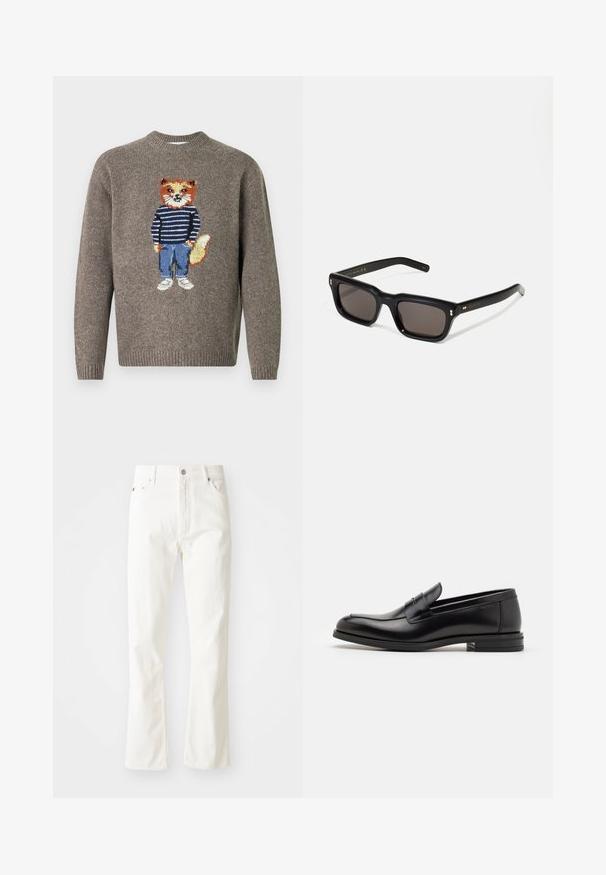 Pruunist kampsunist, mille ees on tikand, kus on kujutatud rebast, kes kannab triibulist kampsunit, siniseid teksaseid ja valgeid kingi.; Valged denimist laiad püksid kõrge vöökohaga, ees taskud ning hõbedane tarvikud. Kanga tekstuur on sile, koos peente õmblustega.; Mustad mustad nahast loafers sileda tekstuuriga, ümarat ninaosa ja dekoratiivne riba vampi üle. Madal kihiline konts, minimalistlik disain.; Mustad mustakorruselised prillid tumedate läätsedega, paks plastikraam, kuldsed aksendid templites ning kaubamärgi logo graveeritud käe lilla.