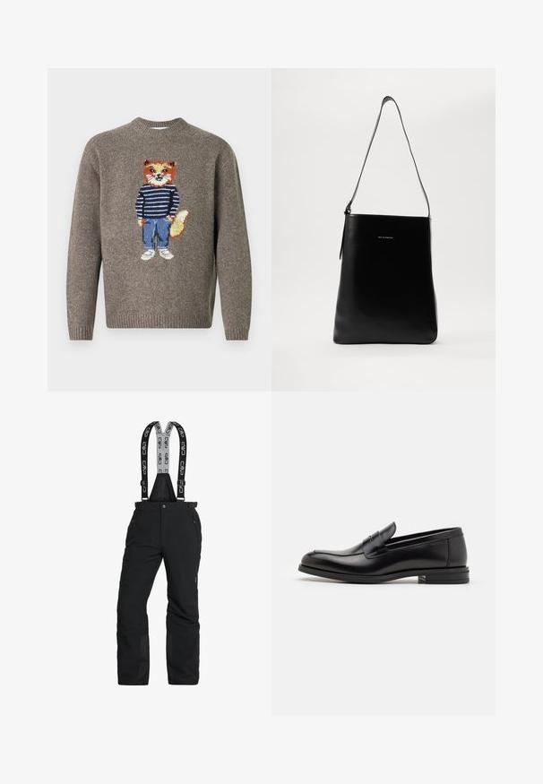 Pruunist kampsunist, mille ees on tikand, kus on kujutatud rebast, kes kannab triibulist kampsunit, siniseid teksaseid ja valgeid kingi.; Mustad mustad püksid reguleeritavate rihmadega, lukuga taskud ja tugevdatud pahkluud. Valmistatud veekindlast materjalist, millel on sile tekstuur.; Mustad mustad nahast loafers sileda tekstuuriga, ümarat ninaosa ja dekoratiivne riba vampi üle. Madal kihiline konts, minimalistlik disain.; Mustast nahast õlakott, millel on sile tekstuur, ristkülikuline kuju ja pikk rihm; keskel on väike valge logo.