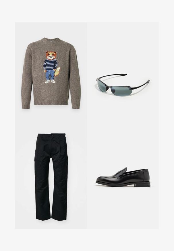 Brūns adījums džemperis ar izšūtu lapsu, kas valkā svītrainu džemperi, ziliem džinsiem un baltām kurpēm, priekšpusē.; Melni darba bikses ar gludu tekstūru, ar sānu kabatām, pogu aizdari un brīvu piegriezumu.; Melnas ādas kurpes ar gludu tekstūru, noapaļu purngalu un dekoratīvu siksniņu pāri priekšpusei. Zems sakrauts papēdis, minimālisma dizains.; Sporta saulesbrilles ar slaidu melnu rāmi, taisnstūrveida objektīvi ar pelēku gradientu un teksturētām tempļiem, kas nodrošina papildu komfortu.