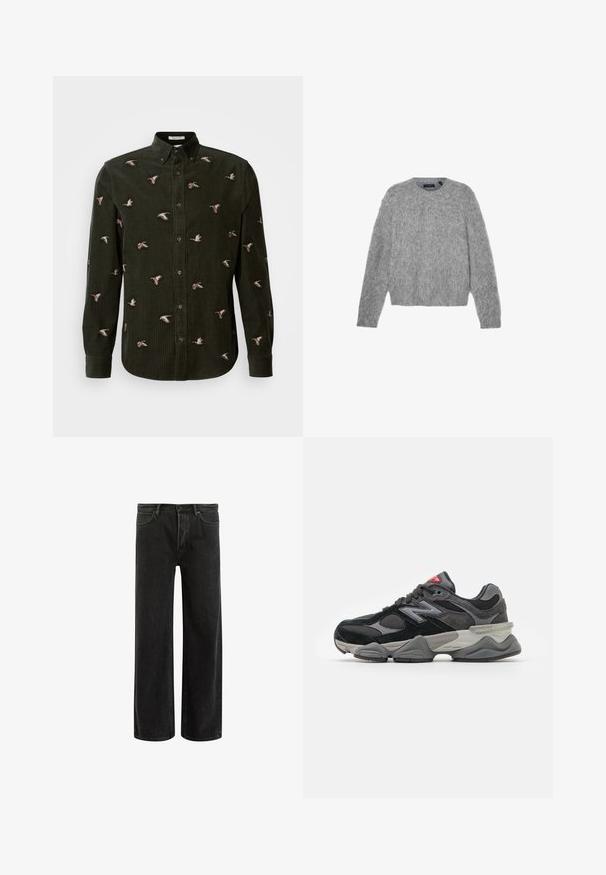Grå, langermet genser laget av fluffy materiale med rund hals og cropped passform. Jevn tekstur med et mykt, lett utseende.; Mørkegrønn kordfløyelskjorte med broderte ender i forskjellige posisjoner. Knapp-ned krage og lange ermer med knappede mansjetter.; Svarte denim vide bukser med høyt liv, med klassisk fem-lomme design og subtil bleking for en teksturert utseende.; Svarte og grå joggesko med en blanding av semsket skinn og mesh-materialer, tykk såle, fremtredende logo, og rød detalj på tungen.