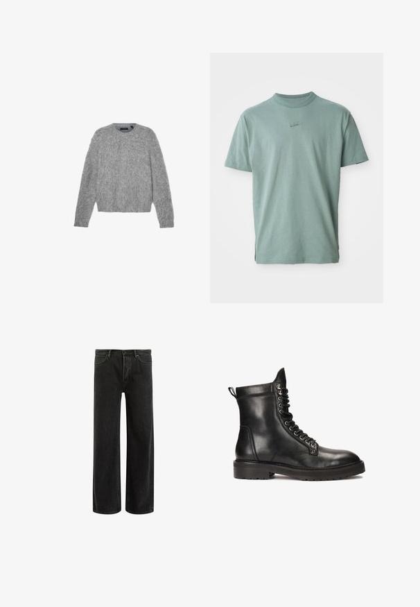 Harmaa, pitkähihainen neule, joka on valmistettu pörröisestä materiaalista, pyöreällä kaula-aukolla ja lyhyellä istuvuudella. Sujuva tekstuuri pehmeällä, kevyellä ulkonäöllä.; Vihreä puuvillapaita lyhythihaisilla, ribatulla crew-kauluksella ja brodeeratulla Nike-logolla rinnassa. Liukas pinta ja rento istuvuus.; Mustat farkut leveällä lahkeella ja korkealla vyötäröllä, joissa on klassinen viisi taskua -design ja hienovarainen haalistuminen tekstuurin luomiseksi.; Kazar Studio CANRERTH - Nauhalliset nilkkurit - black