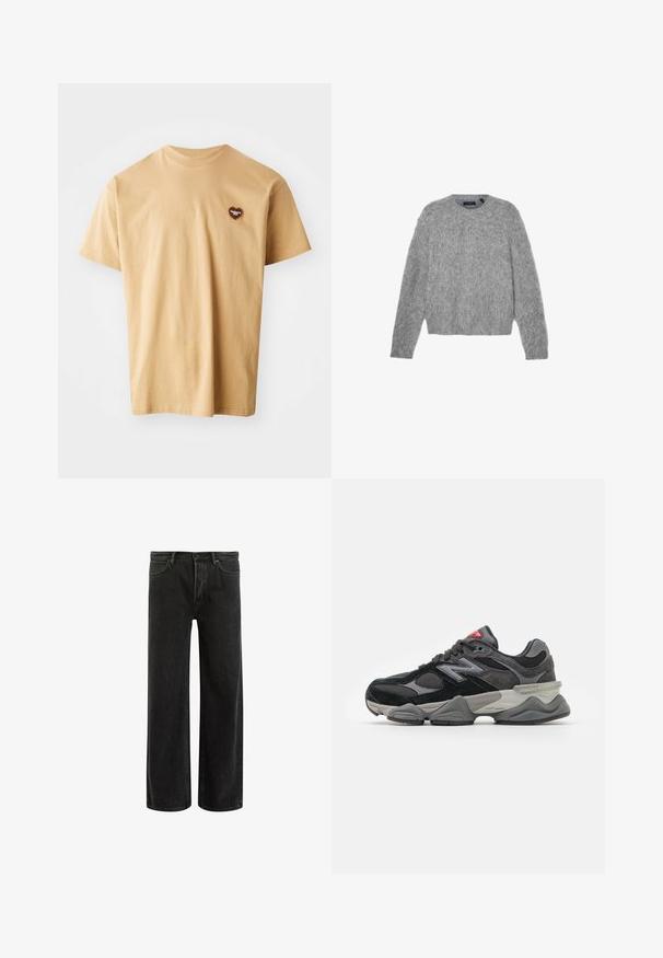 Sivý sveter s dlhým rukávom vyrobený z nadýchaného materiálu s okrúhlym výstrihom a skráteným strihom. Hladká textúra s jemným, svetlým vzhľadom.; Béžové bavlnené tričko s krátkymi rukávmi, okrúhlym výstrihom a malým hnedým srdcovým logom na ľavej hrudi. Hladká textura, ležérny dizajn.; Čierne džínsy s širokými nohavicami a vysokým pásom, so classic piatimi vreckami a jemným vyblednutím pre textúrovaný vzhľad.; Čierne a šedé tenisky s kombináciou semišu a sieťoviny, hrubou podrážkou, výrazným logom a červeným akcentom na jazyku.
