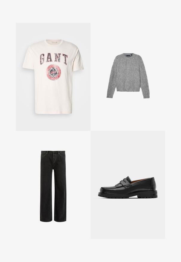 Sivý sveter s dlhým rukávom vyrobený z nadýchaného materiálu s okrúhlym výstrihom a skráteným strihom. Hladká textúra s jemným, svetlým vzhľadom.; Krémové bavlnené tričko s krátkymi rukávmi. Obsahuje výrazný nápis "GANT" v červenej a modrej farbe a grafiku v tvare kruhu s textom "založené v 1949".; Čierne džínsy s širokými nohavicami a vysokým pásom, so classic piatimi vreckami a jemným vyblednutím pre textúrovaný vzhľad.; Čierne kožené mokasíny majú vystúpený šev, dve dekoratívne pásky na vrchu a hrubú textúrovanú podrážku pre lepšiu priľnavosť.