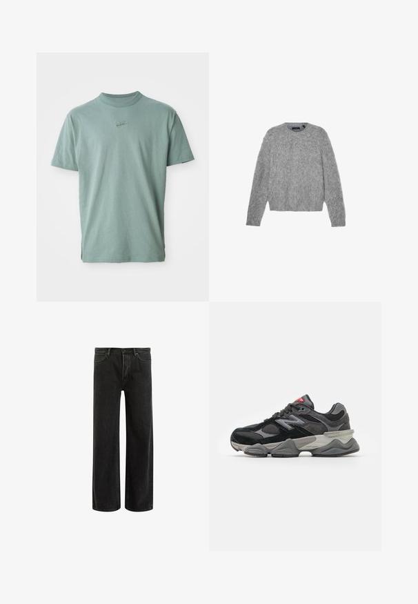 Pelēks, garām piedurknēm dzemperis, izgatavots no pūkaina materiāla, ar apaļu kakla izgriezumu un īsu piegriezumu. Gluda tekstūra ar mīkstu, vieglu izskatu.; Zaļš kokvilnas T-krekls ar īsām piedurknēm, ribināta apļa kakla izgriezums un izbrošēts Nike logotips uz krūtīm. Gluda tekstūra un brīvs piegriezums.; Melnas denima platleņķa džinsi ar augstu jostasvietu, izceļoties ar klasisko piecu kabatu dizainu un maigu izbalējumu, radot teksturētu izskatu.; Melna un pelēka sporta apavi ar suede un sieta materiālu kombināciju, bieza zole, izteikts logs un sarkana akcents uz mēles.