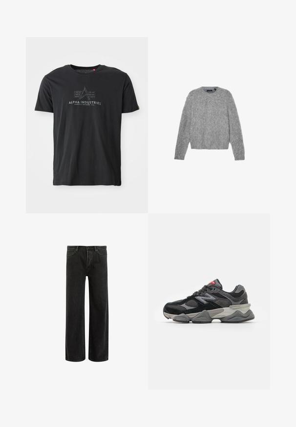 Gray, long-sleeve sweater made of fluffy material with a round neckline and a cropped fit. Smooth texture with a soft, light appearance.; Black cotton crew neck t-shirt featuring a textured logo print with the words "ALPHA INDUSTRIES" and a triangular design in the center.; Black denim wide-leg jeans with a high waist, featuring classic five-pocket design, and subtle fading for a textured appearance.; Black and gray sneaker with a mix of suede and mesh materials, thick sole, prominent logo, and red accent on the tongue.