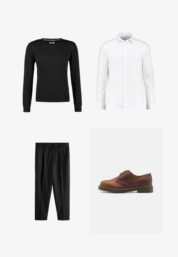 Musta, istuva V-pääntie villapusero, jossa on pitkät hihat. Valmistettu pehmeästä neulekankaasta, jossa on ribbikudos hihansuissa ja vyötäröllä. Minimalistinen muotoilu.; Valkoinen pitkähihainen nappipaita, joka on valmistettu sileästä puuvillasta. Siinä on klassinen kaulus ja nappikiinnitys, sekä suora helma.; Next REGULAR FIT - Puvunhousut - black; Ruskeat nahkakengät, joissa on sileä pinta, pyöreä varvas ja viisi reikää nauhoitusta varten. Kengissä on keltainen ommel pohjan ympäri ja teksturoidut korot.