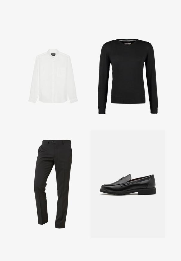 Maglione nero, aderente, con scollo a V e maniche lunghe. Realizzato in morbido tessuto a maglia, con polsini e vita a coste. Design minimalista.; Camicia bianca a maniche lunghe in lino, con colletto a punta, taschino frontale e chiusura con bottoni sul davanti. Tessuto testurizzato.; Next Trousers - Suit Trousers Slim Fit - Pantaloni eleganti - mottled black; Mocassini sintetici neri con una spessa cucitura frontale, soletta imbottita e suola piatta in gomma; design elegante con dettagli minimi.