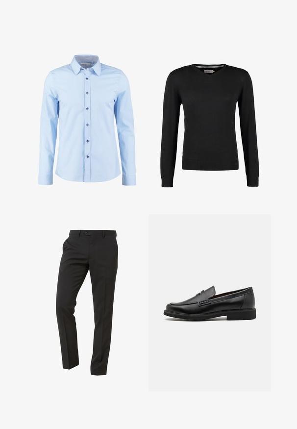Černý, přiléhavý svetr s V-výstřihem a dlouhými rukávy. Vyrobeno z měkké pleteniny, s žebrovanými manžetami a pasem. Minimalistický design.; Světlemodrá košile s dlouhým rukávem a límcem na knoflíky, s tmavomodrými knoflíky a kostkovaným látkovým akcentem uvnitř límce.; Next Trousers - Suit Trousers Slim Fit - Oblekové kalhoty - mottled black; Černé syntetické mokasíny s výrazně prošívanou špicí, měkkou stélkou a plochou gumovou podrážkou; elegantní design s minimálním zdobením.
