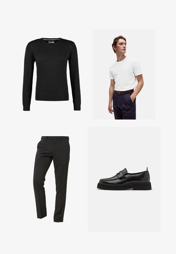 Černý, přiléhavý svetr s V-výstřihem a dlouhými rukávy. Vyrobeno z měkké pleteniny, s žebrovanými manžetami a pasem. Minimalistický design.; Bílý bavlněný tričko s kulatým výstřihem nošené s námořnickými plisovanými kalhotami a hnědým koženým páskem se zlatou sponou.; Next Trousers - Suit Trousers Slim Fit - Oblekové kalhoty - mottled black; Černé kožené mokasíny s plochou, texturovanou podrážkou, s prošitým špičkou a páskem přes nárt.