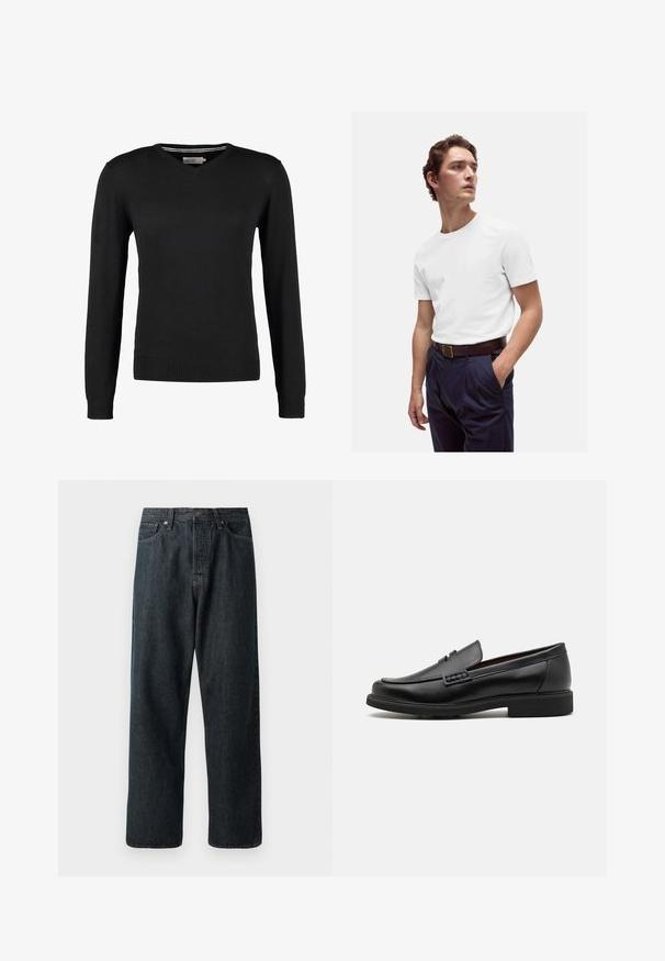 Suéter negro, ajustado, con cuello en V y mangas largas. Hecho de un suave tejido de punto, con puños y cinturilla acanalados. Diseño minimalista.; Camiseta blanca de algodón con cuello redondo, combinada con pantalones de traje azul marino con plisado y un cinturón de cuero marrón con hebilla dorada.; Jeans de mezclilla oscura con un diseño de pierna recta, que cuentan con un diseño tradicional de cinco bolsillos y un cierre de botón metálico en la cintura.; Mocasines sintéticos negros con un prominente frente cosido, plantilla acolchada y suela plana de goma; diseño elegante con un detalle mínimo.