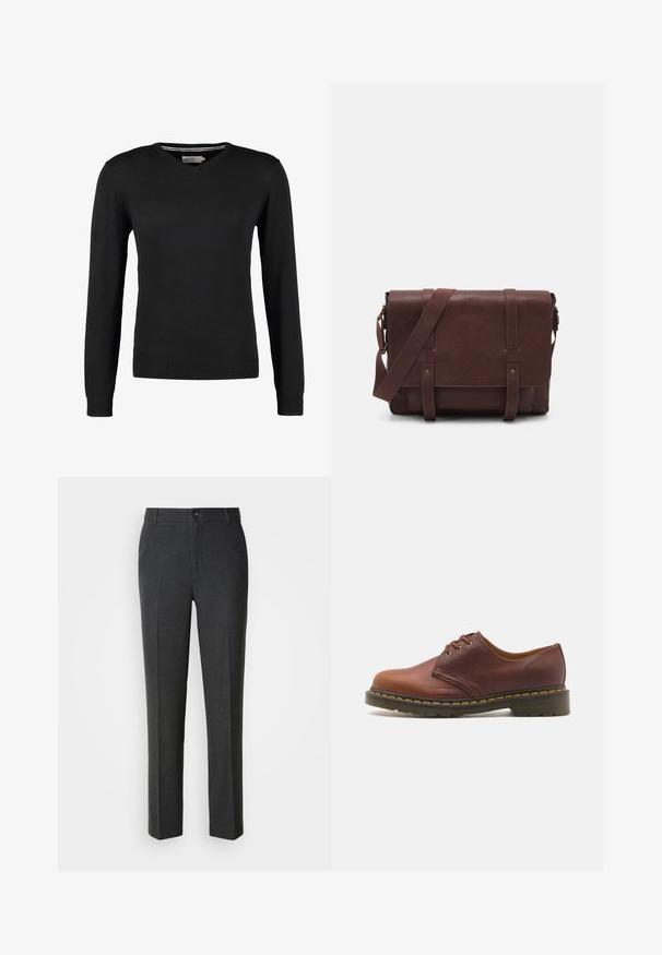 Czarny, dopasowany sweter z dekoltem w serek i długimi rękawami. Wykonany z miękkiej dzianiny, z prążkowanymi mankietami i pasem. Minimalistyczny design.; Biała bawełniana koszulka z okrągłym dekoltem noszona z granatowymi spodniami w kant i brązowym skórzanym paskiem z złotą klamrą.; Dopasowane ciemnoszare spodnie w gładkim materiale, z zapięciem na guzik, dwoma przednimi kieszeniami i prostymi nogawkami.; Brązowy skórzany but o gładkim wykończeniu, okrągłym nosku i pięciu oczkach do sznurowania. Posiada żółte przeszycia wzdłuż podeszwy oraz teksturowany obcas.; Brązowa skórzana torba na ramię z płaskim klapem z przodu, dwoma paskami, złotymi akcentami oraz regulowanym paskiem na ramię.