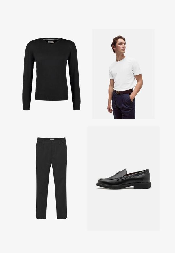 Maglione nero, aderente, con scollo a V e maniche lunghe. Realizzato in morbido tessuto a maglia, con polsini e vita a coste. Design minimalista.; T-shirt bianca in cotone con scollo rotondo, indossata con pantaloni plissettati blu navy e una cintura in pelle marrone con fibbia dorata.; Pantaloni neri realizzati in un tessuto morbido, con chiusura a bottone e passanti per cintura. Design a gamba dritta con una texture sottile.; Mocassini sintetici neri con una spessa cucitura frontale, soletta imbottita e suola piatta in gomma; design elegante con dettagli minimi.