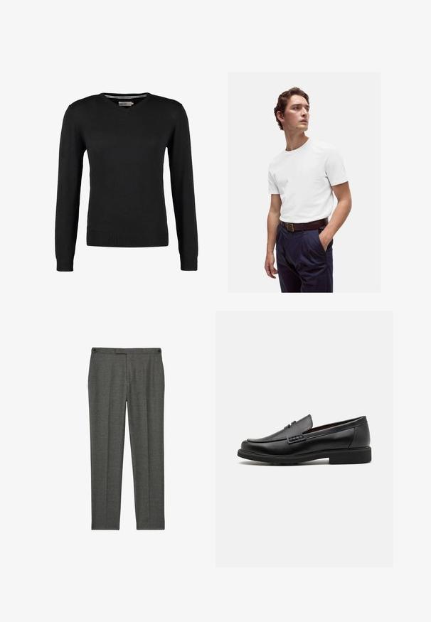 Schwarzer, taillierter V-Ausschnitt-Pullover mit langen Ärmeln. Hergestellt aus weichem Strickstoff, mit gerippten Bündchen und Saum. Minimalistisches Design.; Weißes Baumwoll-T-Shirt mit rundem Ausschnitt, kombiniert mit navyblauen, gefalteten Hosen und einem braunen Ledergürtel mit goldener Schnalle.; Graue, maßgeschneiderte Hosen aus einem strukturierten Stoff. Sie haben eine flache Vorderseite, zwei Seitentaschen und dezente Nähte.; Schwarze synthetische Slipper mit einer markanten gesteppten Vorderseite, gepolstertem Fußbett und flacher Gummisohle; schlankes Design mit minimaler Detailverarbeitung.