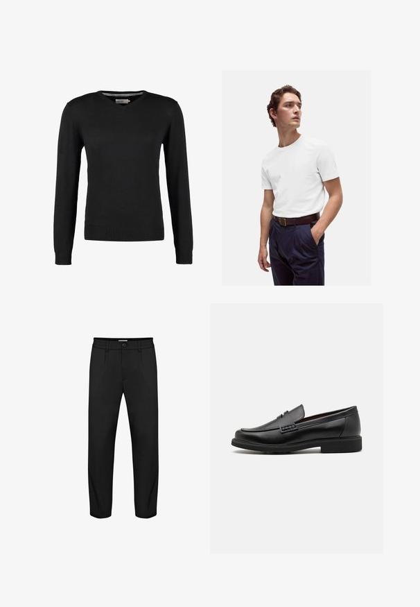 Zwarte, aansluitende V-hals trui met lange mouwen. Gemaakt van zachte gebreide stof, met geribbelde mouwen en zoom. Minimalistisch ontwerp.; Witte katoenen t-shirt met ronde hals, gedragen met marineblauwe geplooide broek en een bruine leren riem met een gouden gesp.; Zwarte broeken met een rechte pijp ontwerp, voorzien van een knoopsluiting, zijzakken en een gladde textuur. Inclusief details van een elastische tailleband.; Zwarte synthetische loafers met een opvallende gestikte voorkant, gevoerde binnenzool en platte rubberen buitenzool; slank ontwerp met minimale details.