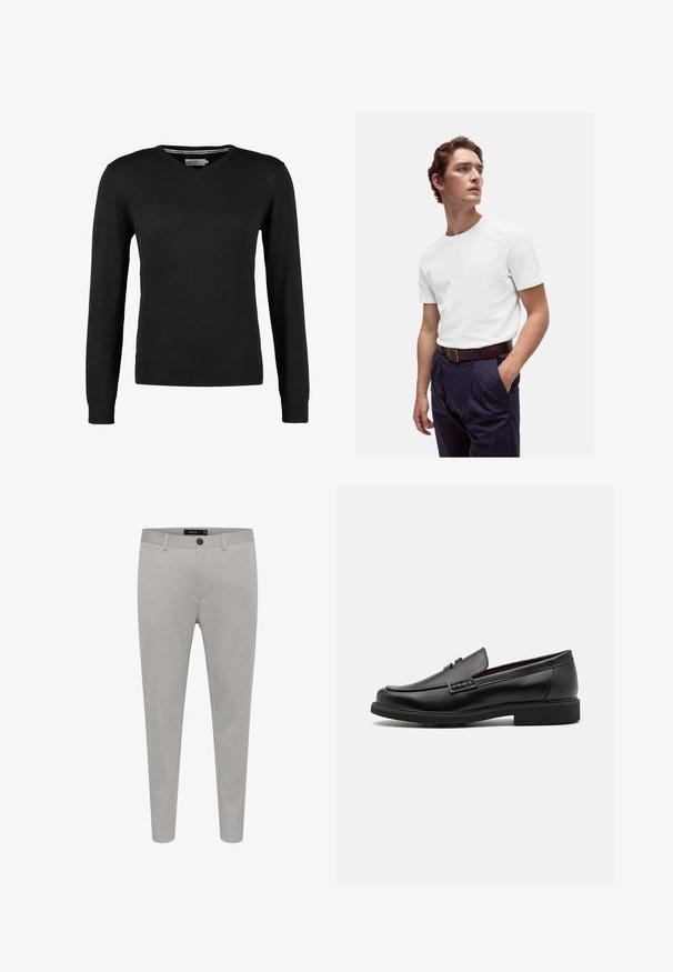 Czarny, dopasowany sweter z dekoltem w serek i długimi rękawami. Wykonany z miękkiej dzianiny, z prążkowanymi mankietami i pasem. Minimalistyczny design.; Biała bawełniana koszulka z okrągłym dekoltem noszona z granatowymi spodniami w kant i brązowym skórzanym paskiem z złotą klamrą.; Jasnoszare spodnie o dopasowanym kroju, wykonane z teksturowanej tkaniny, z zapięciem na guzik, bocznymi kieszeniami i smukłym krojem.; Czarne syntetyczne mokasyny z wyraźnym przeszyciem z przodu, wyściełaną wkładką i płaską gumową podeszwą; smukły design z minimalnymi detalami.