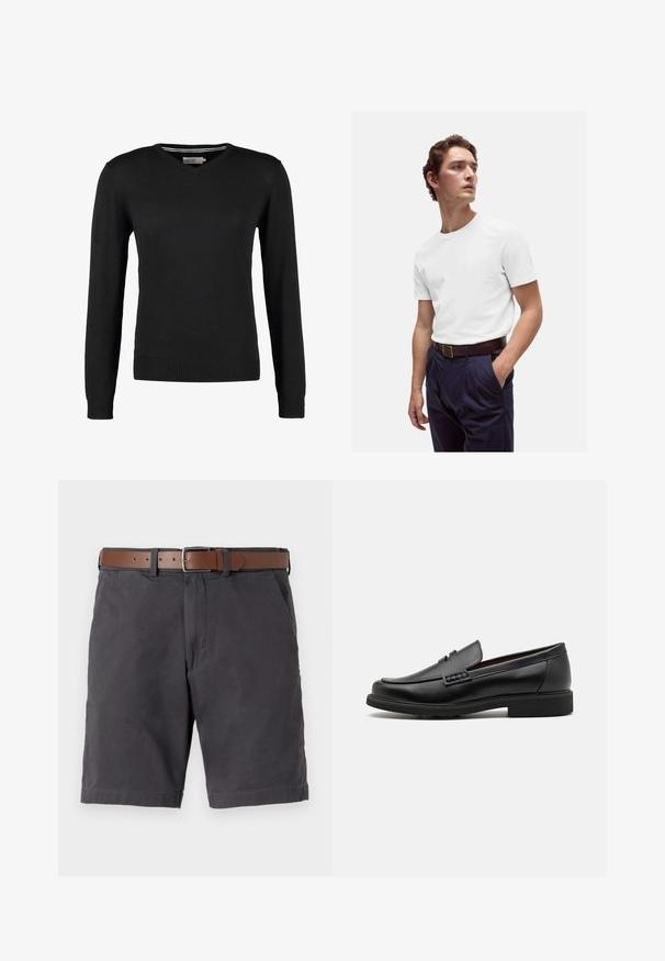 Czarny, dopasowany sweter z dekoltem w serek i długimi rękawami. Wykonany z miękkiej dzianiny, z prążkowanymi mankietami i pasem. Minimalistyczny design.; Biała bawełniana koszulka z okrągłym dekoltem noszona z granatowymi spodniami w kant i brązowym skórzanym paskiem z złotą klamrą.; Ciemnoszare bawełniane szorty z brązowym skórzanym paskiem, kieszeniami z przodu oraz przeszytymi detalami na hemie.; Czarne syntetyczne mokasyny z wyraźnym przeszyciem z przodu, wyściełaną wkładką i płaską gumową podeszwą; smukły design z minimalnymi detalami.